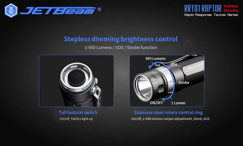 NEW Jetbeam RRT01 Raptor Stepless Dimming EDC Tactical Flashlight with Micro-USB Rechargeable 18350 Battery