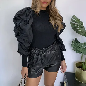 

Women Puff Sleeve Sheer Top Ladies Mesh Spliced Shirt Warm Pullover Tops Women OL Blouse Loose Shirts High Neck