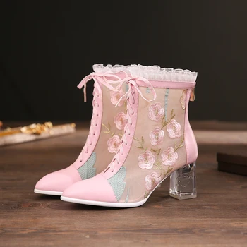 

pink lolita shoes women summer mesh boots cross-tied with zip closure embroidery ankle boots crystal heels size 41 42 43