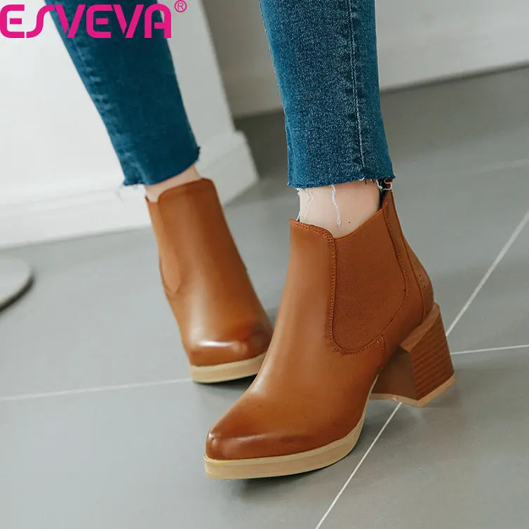 

ESVEVA 2020 Women Shoes Ankle Boots Square High Heel Pointed Toe Slip On Solid Fashion All Match Motorcycle Boot Size 34-43