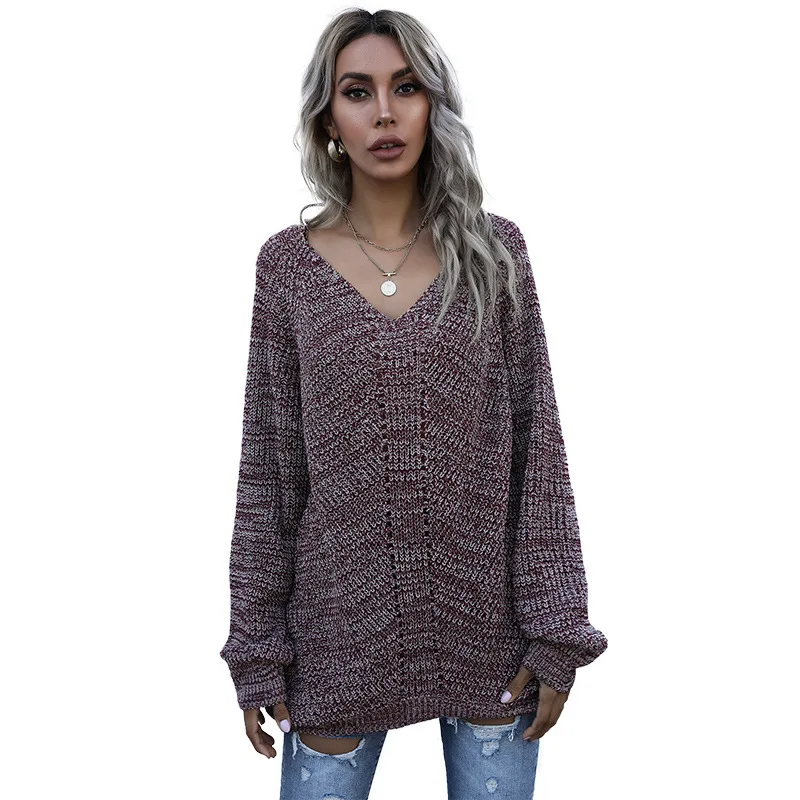 

Autumn Sweater for Women Loose Pullover Knitted 2021 Spring Fashion Red V Neck Pullovers Sweaters