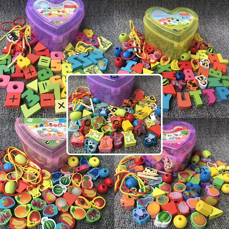 

Stringing Threading Beaded Toys Cartoon Animals Fruit Number Letter Block Wooden Toys Educational Toy For Baby Kids Children