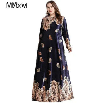 

Elegant Women Velvet Maxi Dress Floral Navy Blue Printed Dresses Vestidos Vintage Muslim Kimono Casual Ramadan Islamic Clothes