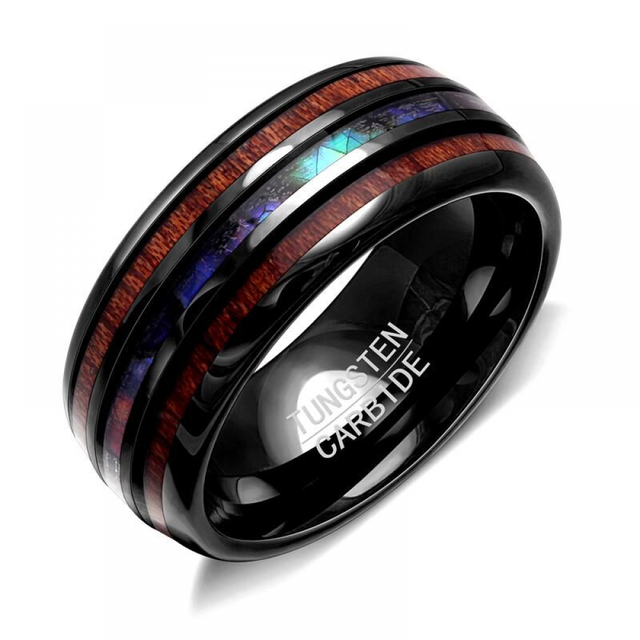 Personality Abalone Shell & Hawaiian Koa Wood Inlay Tungsten Carbide Ring For Men Anniversary Birthday Party Jewelry Gift