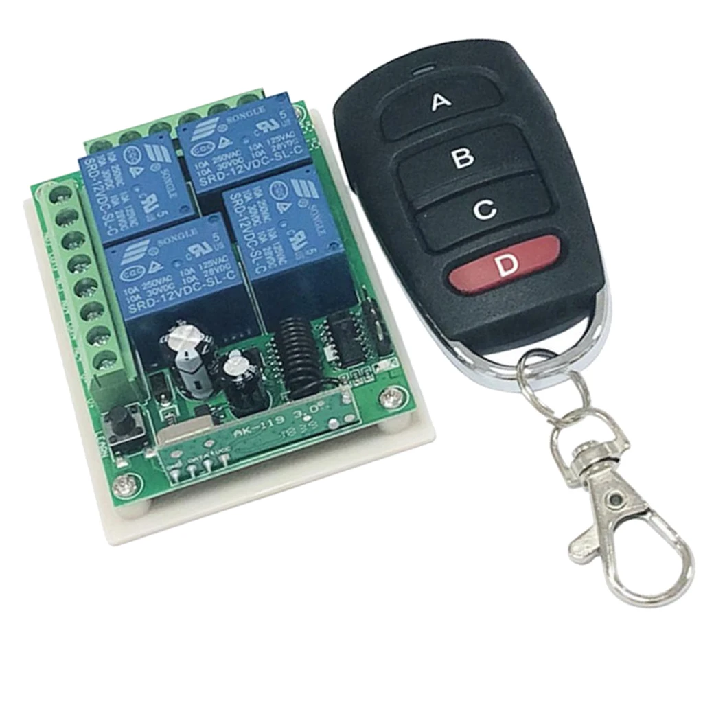 Wireless Remote Control Switch, 433MHZ Relay Receiver Module RF for Home Light/Lamp/Electronic Applicance, 433Mhz, (4 Buttons)