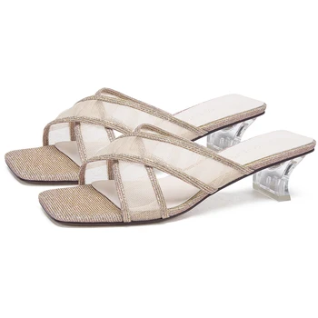 

Luxury Shoes Women Designers 2020 Summer 5cm High Heel Gold Silver Sandals Mules 21803AFD4895