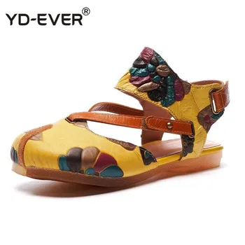 

2020 Summer Original Genuine Leather Shoes Women Sandals Vintage Style Shoes Women Handmade Flowers Design Ladies Flat Sandals