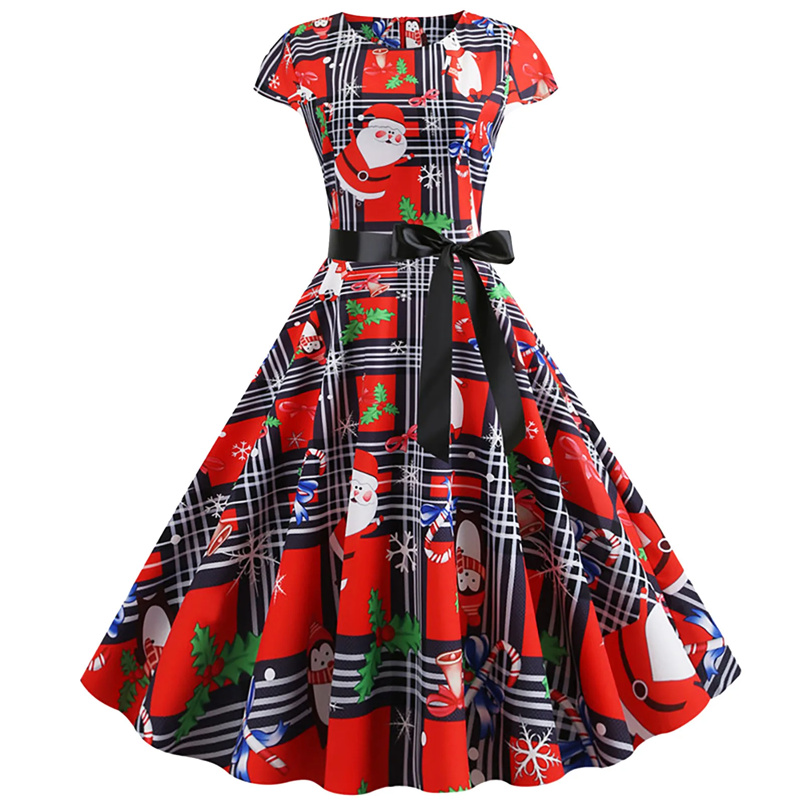 Christmas dress Women's Vintage Print Round Neck Short Sleeve Hem Dress big swing dress Fashion for Ladies dress Party Vestido 1