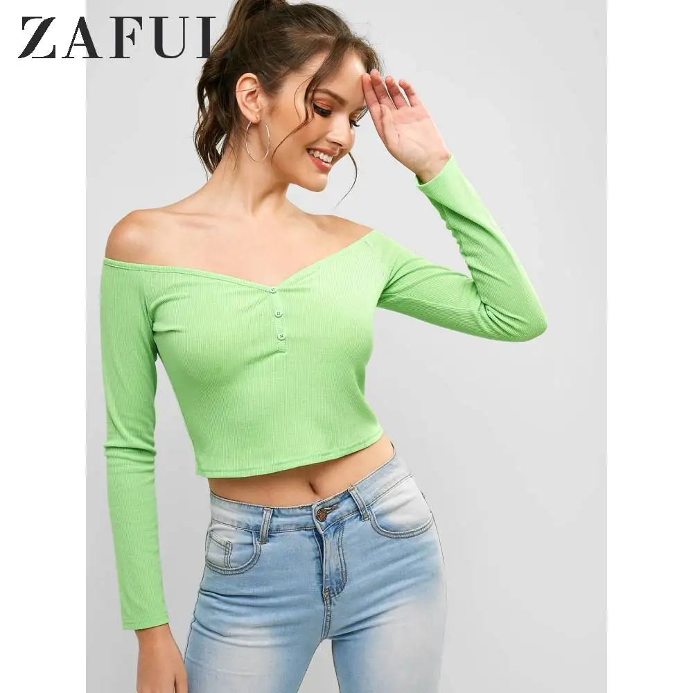 ZAFUL неоновая укороченная футболка с длинными рукавами и открытыми плечами