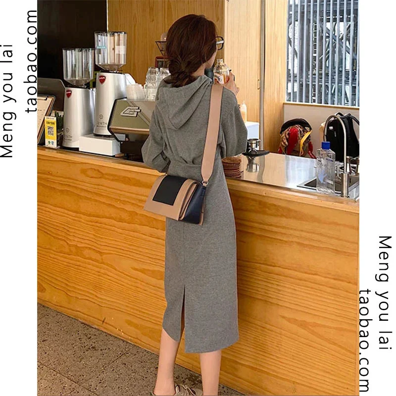 Spring and Autumn Loose Bf Idle Style Mid-length Dress Women's Design Sense Over the Knee Pullover Hooded Sweater |