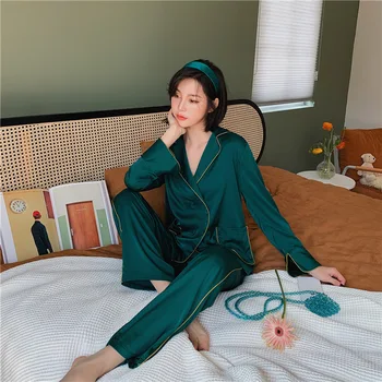 

Pajama Ladies Summer Ice Silk Long Sleeved Trousers Pajama Two Suits Double Breasted Silk House Wear Casual Home Clothing Пижам