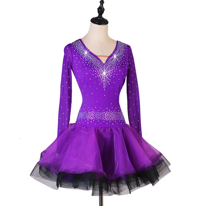 Новые красные фиолетовые платья для латинских танцев женские платья для выступлений с длинным рукавом для сальсы румбы ча танго костюмы