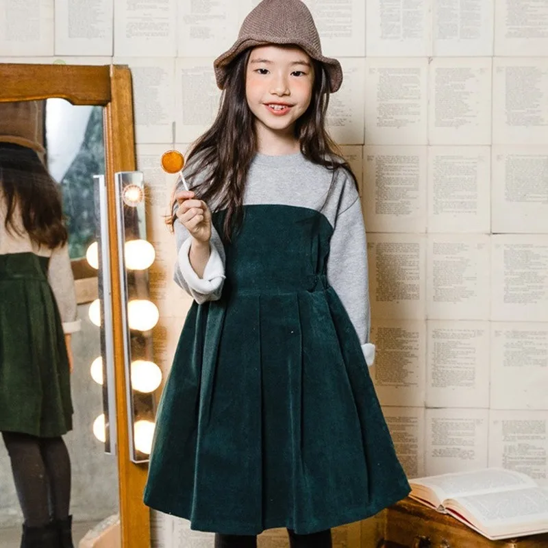Новые корейские платья для маленьких девочек осенне-зимнее эластичное вельветовое детское платье принцессы бархатное платье для малышей плотное#5404
