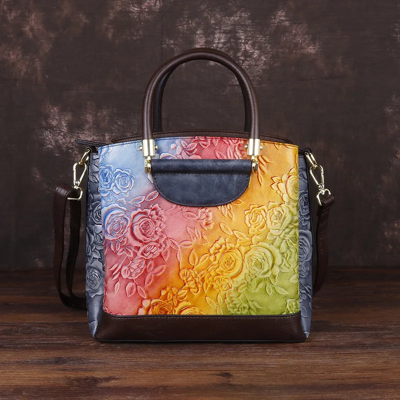 Retro Flowers Embossed Cow Leather Handbags