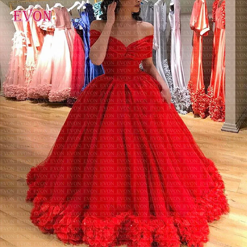 Красные вечерние платья принцессы, халат De Soiree с открытыми плечами, очаровательный со шнуровкой, плиссированное, Ruching вечернее платье из тюля
