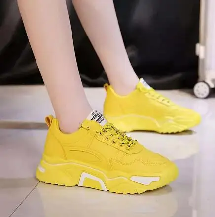 yellow PU Женские кроссовки неонового желтого цвета; женская обувь для папы; белые кроссовки; модные кроссовки неонового зеленого цвета; кроссовки на платформе; Прямая поставка - Цвет: yellow PU