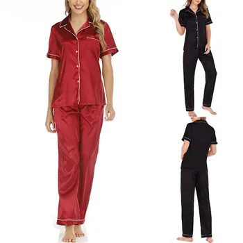 

Summer Women Casual Short Sleeve Button Pocket Blouse Sleepwear Trousers Nightwear Suit Sleepwear Nightwear camisolas sensuais