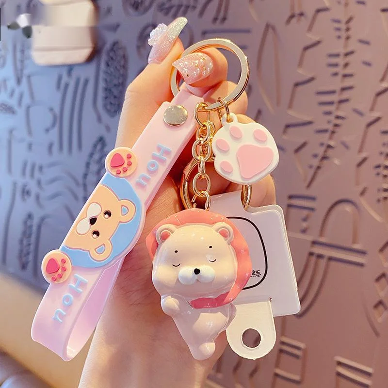 New Cartoon Roar Lion Keychain Cute Pink Yellow Blue Resin Bag Car Metal Keyring Soft Lanyard Women Boy Lover Gift 5