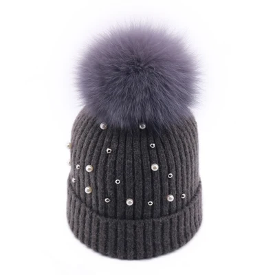 Dark Gray - Fox Fur Зимняя женская трикотажная шапка с жемчужными черепами, женская трикотажная Шапка-бини с настоящим помпон из лисьего меха Gorro, Лыжные шапки для девочек, новинка - Цвет: Dark Gray - Fox Fur