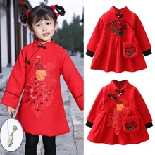 Весеннее праздничное платье для маленьких девочек в китайском стиле; бархатное платье с принтом+ маленькая сумка на плечо; зимняя одежда для девочек