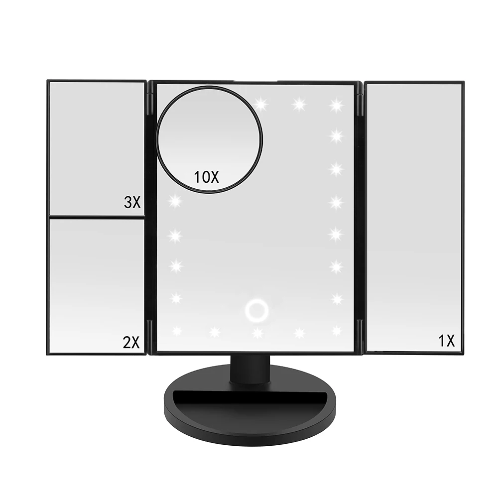 

NEW Makeup Mirror LED Touch Screen 22 LEDs 1X/2X/3X/10X Magnifying Mirrors 3 Folding Adjustable Mirror Table Desktop Makeup