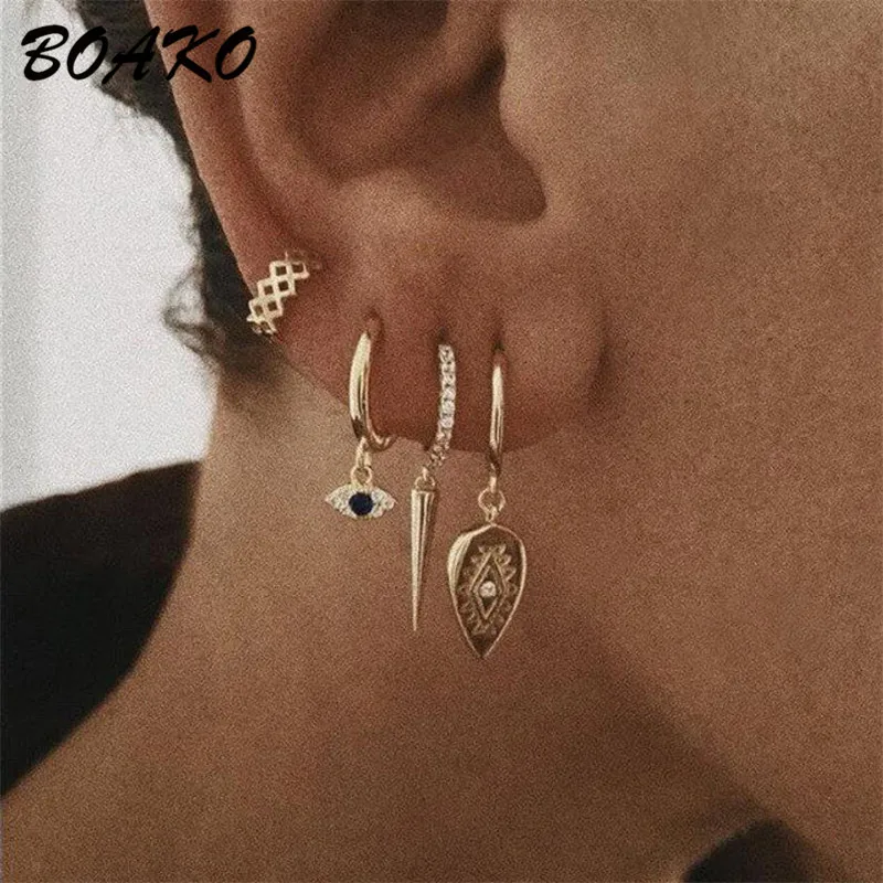 BOAKO Мода Серебро 925 пробы Серьги для женщин Бохо украшение в форме листка цирконевые сережки-шпильки хрустальные серьги в форме глаз