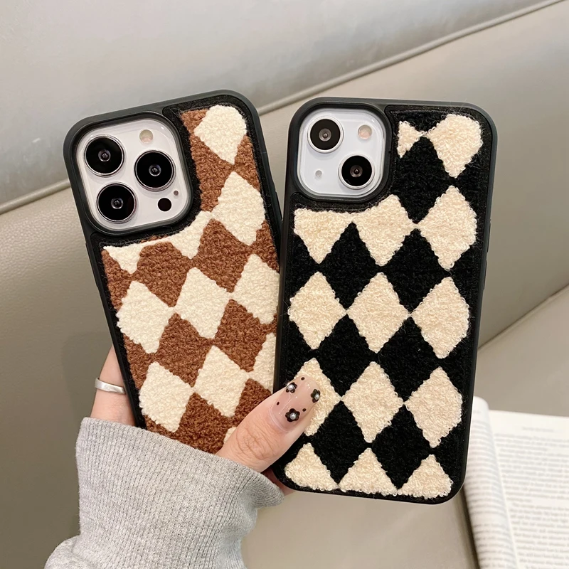 Fluffy Plush Rhomboid Plaid Phone Case For iPhone 13 12 11 Pro Max X XR XS  Max 7 8 Plus Fuzzy Wool Fabrics Checkerboard Cover - AliExpress