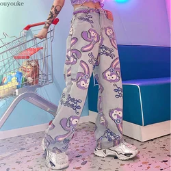 Calças de brim de cintura alta feminino solto jeans coelho impresso em linha reta perna larga calças casuais y2k calças de skate calças hip hop