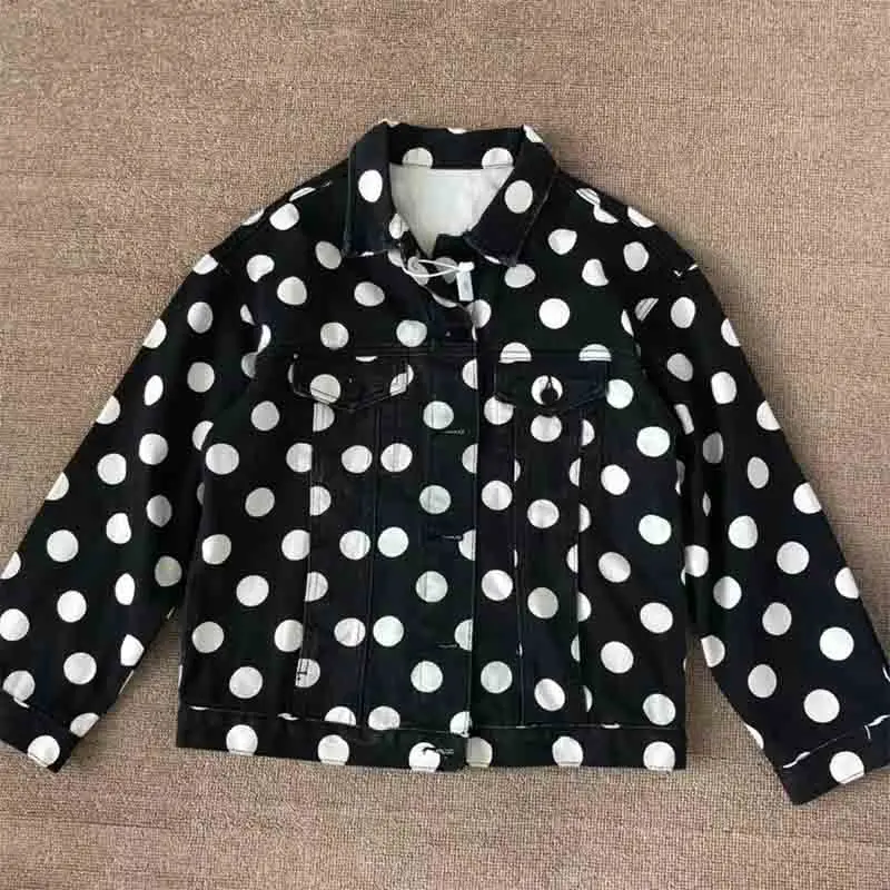 

Women Jacket Fall Winter New Vintage Wave Point Contrast Loose Denim Jacket