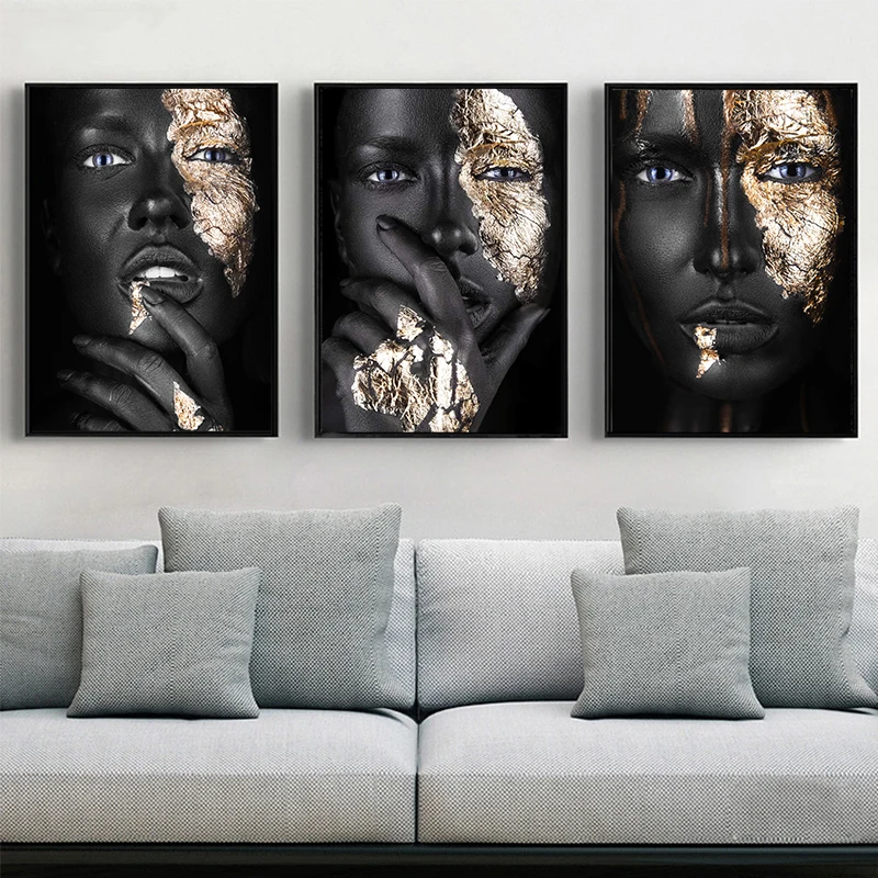 

African Black and Gold Woman Art Canvas Painting Posters and Prints Nordic Style Wall Art Pictures for Living Room Home Decor