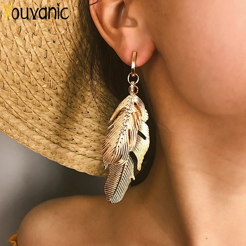

Youvanic Boho Gold Alloy Leaf Feather Long Dangle Drop Earrings For Women Crystal Hanging Earring Female Jewelry Accessory 1366
