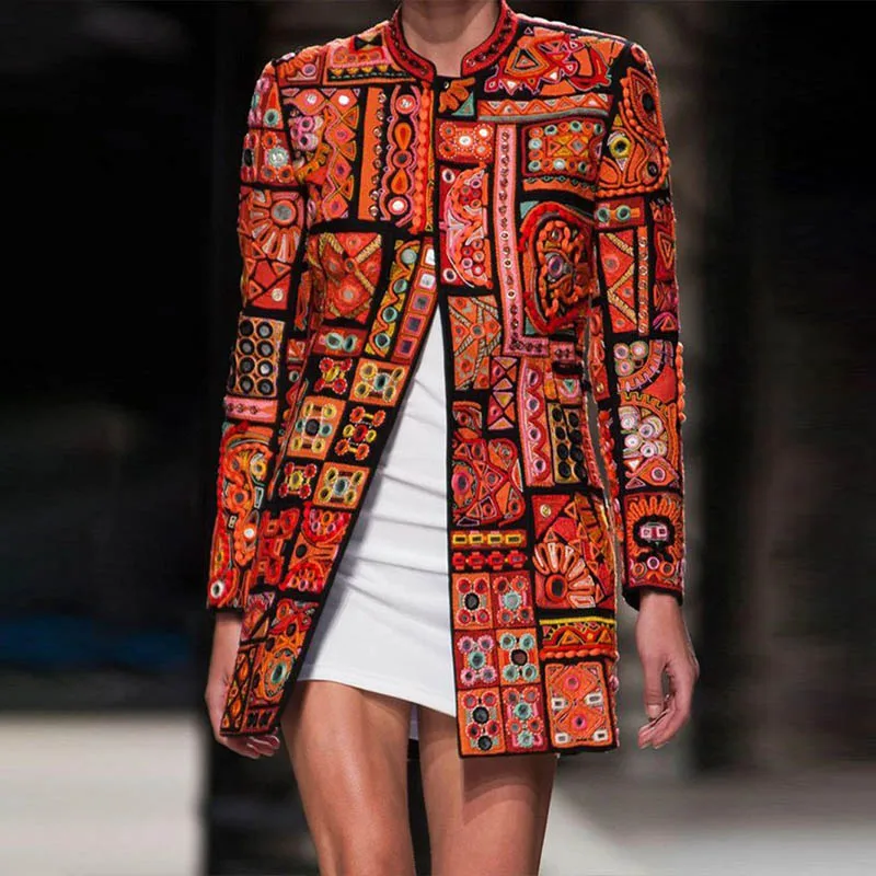 New  Women’s Medium Length Coat Retro Fashion Slim Print Long Sleeve Suit Jacket women coats and jackets