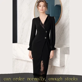

LANMREM can ship Black Vent Lace Split Two Piece Dress New Notched Long Sleeve Loose Fit Fashion Tide Spring Autumn 2020 JR075