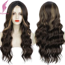 

Yiyaobess 26inch Highlight Brown Black Long Wavy Lace Wig Synthetic Natural Female Hair African American Wigs For Women Peruca