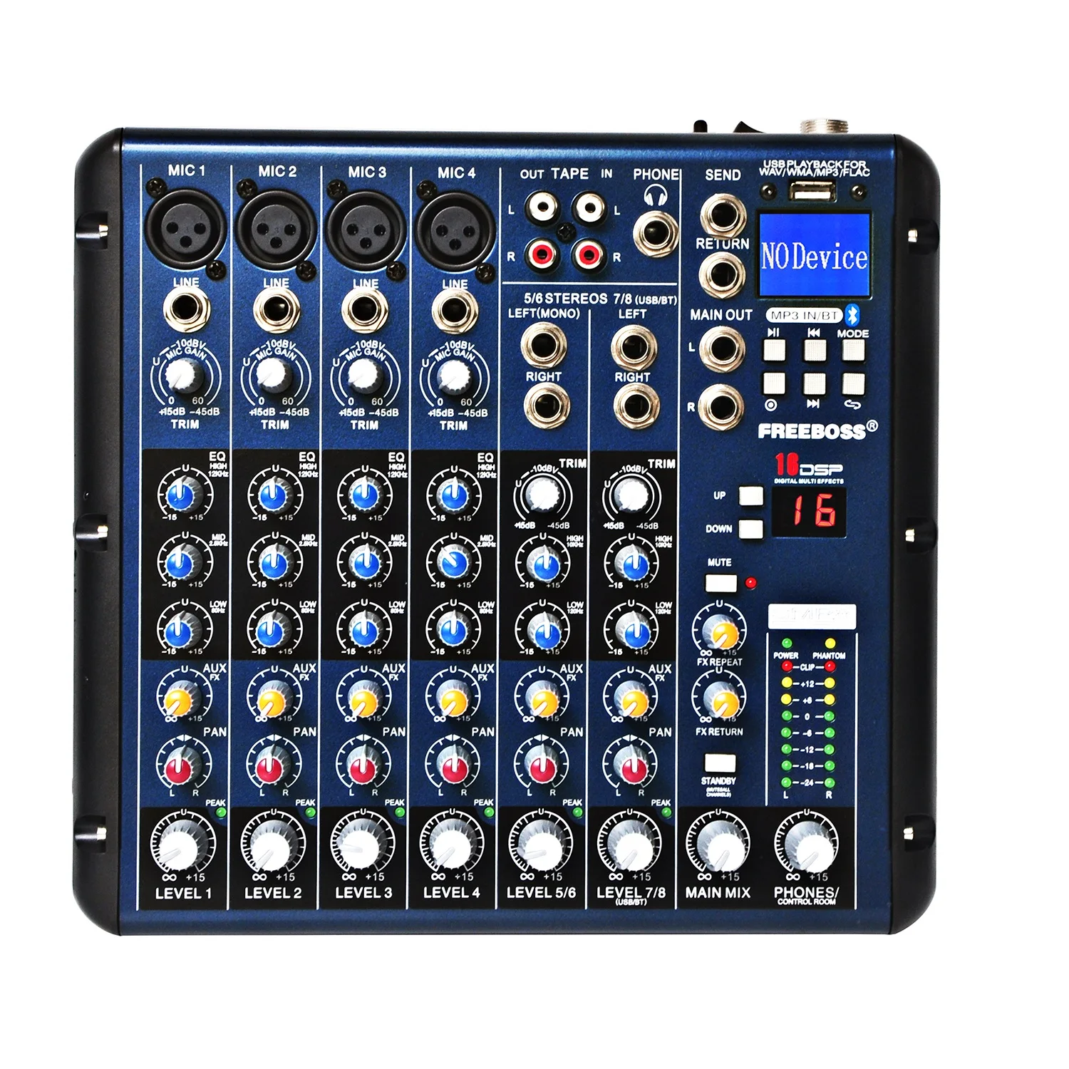 Audio Mixer Freeboss 8 Channel Sound Mixing Console Bluetooth USB Record 16 DSP Delay Effect Church School Karaoke Party DJ Audio Mixer SMR8