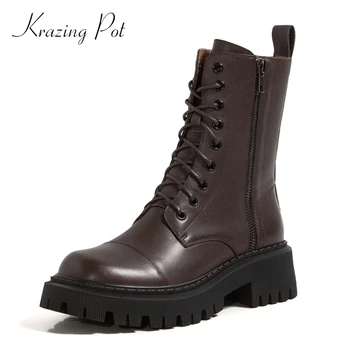 

krazing pot natural leather cross-tied high quality round toe thick med heel zipper platform coolest fashion mid-calf boots L35