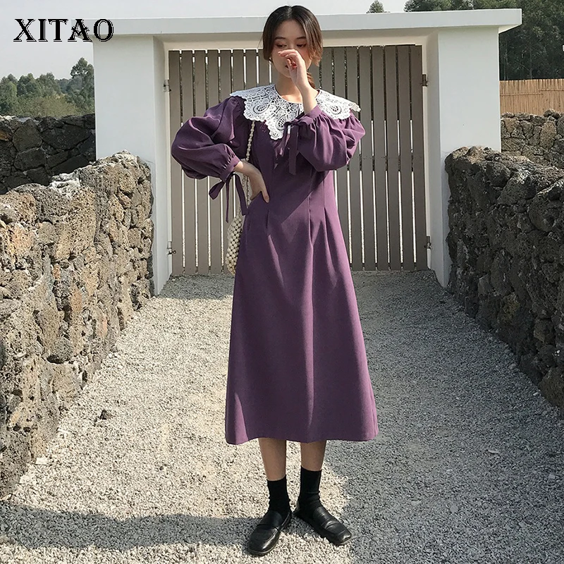 

XITAO High Waist Patchwork Lace Dress Western Style Women Clothes 2020 Spring Peter Pan Collar Bandage Bow Elegant Dress DMY2827
