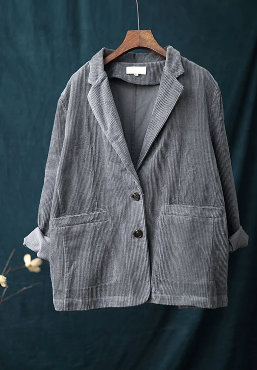 gray Женская однотонная куртка NINI WONDERLAND, короткая вельветовая куртка, винтажная, простая, с длинным рукавом, на осень - Цвет: gray