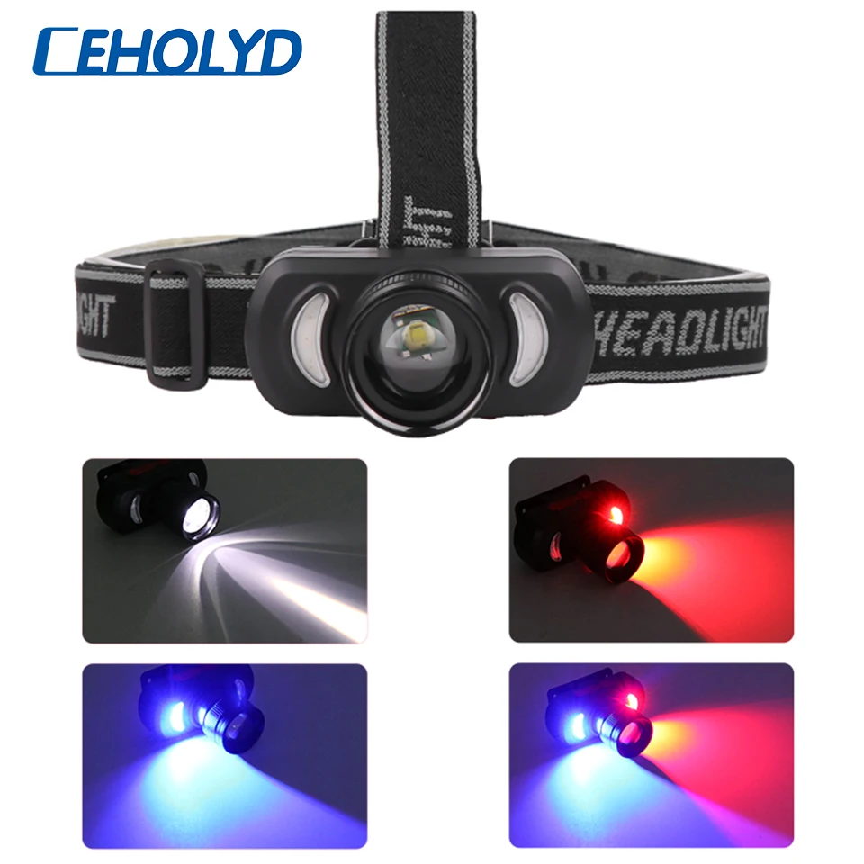 

3 light colors white red blue zoomable built-in battery LED headlamp work light Waterproof headlight suit for fishing head lamp