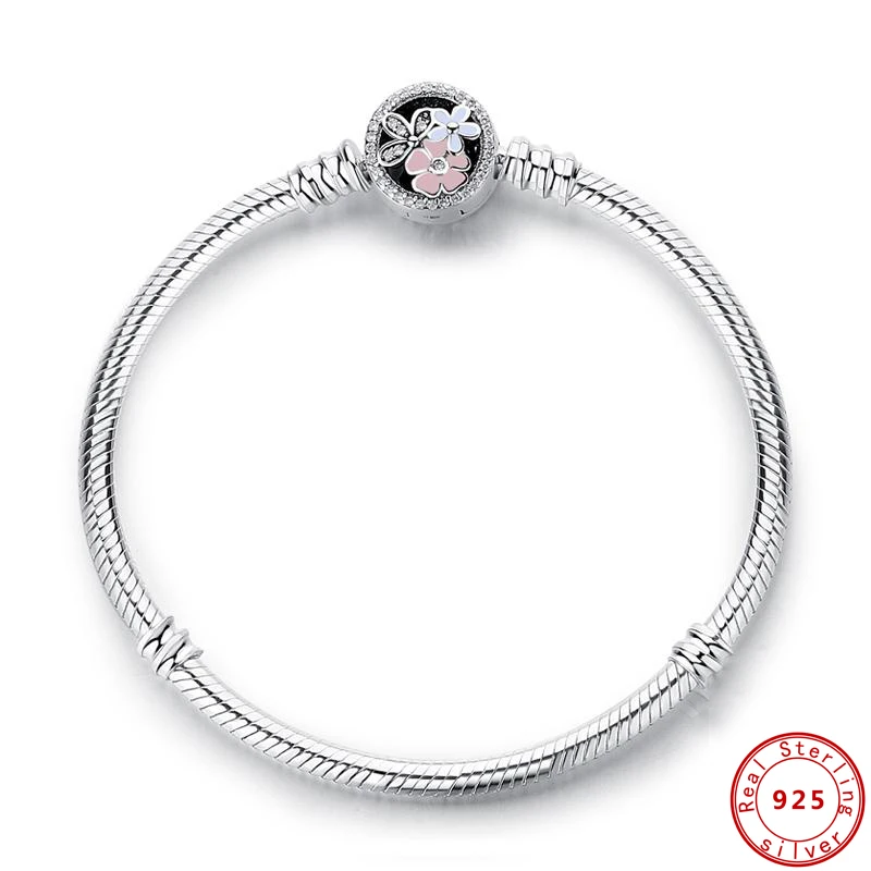 

Real 100% 925 Sterling Silver Bracelet Beads Charm Heart Snowflake Rose Snake Chain Basic Bracelets Women DIY Jewelry