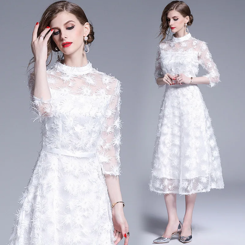 

2019 Summer New Style Fashion Debutante Elegant Waist Hugging Stereo Flower Embroidered Mid-length Simple And Elegant Dress