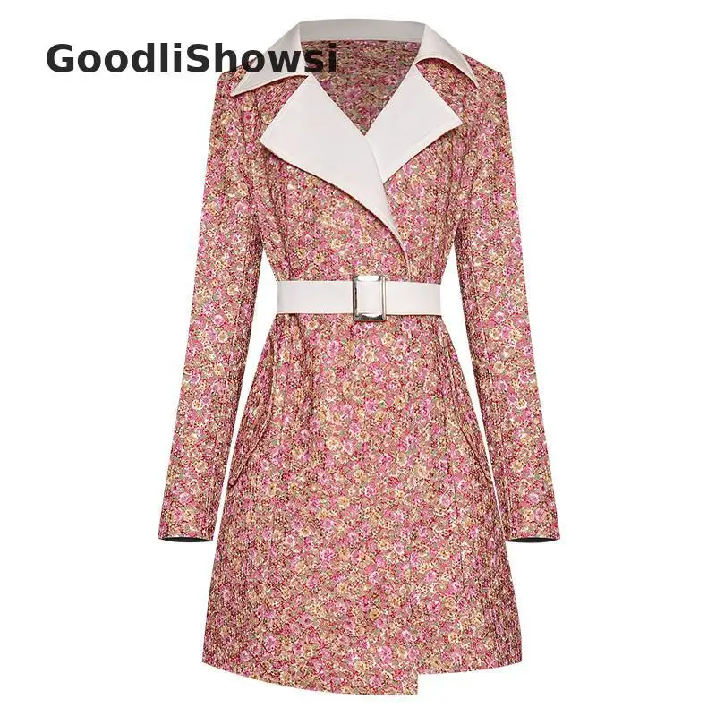 GoodliShowsi Новое поступление пасторальное женское платье с цветочным рисунком контрастный цвет зубчатые лацканы с длинным рукавом шикарные асимметричные платья с поясом - Цвет: Красный