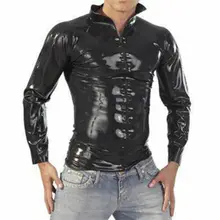 Сексуальные латексные мужские Топы Рубашки повседневные на молнии спереди модный резиновый плащ Клубная одежда