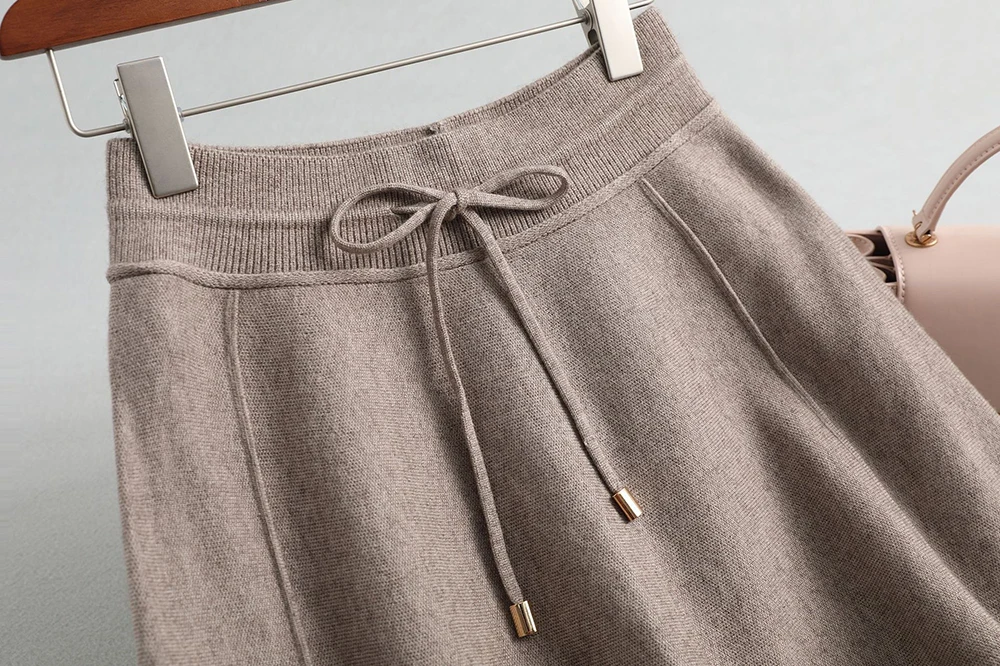 High Waist Wool Knitted Drawstring Waist Women Winter A-Line Long Skirt Stretch Women Autumn Skirt Faldas Jupe Femme Saia