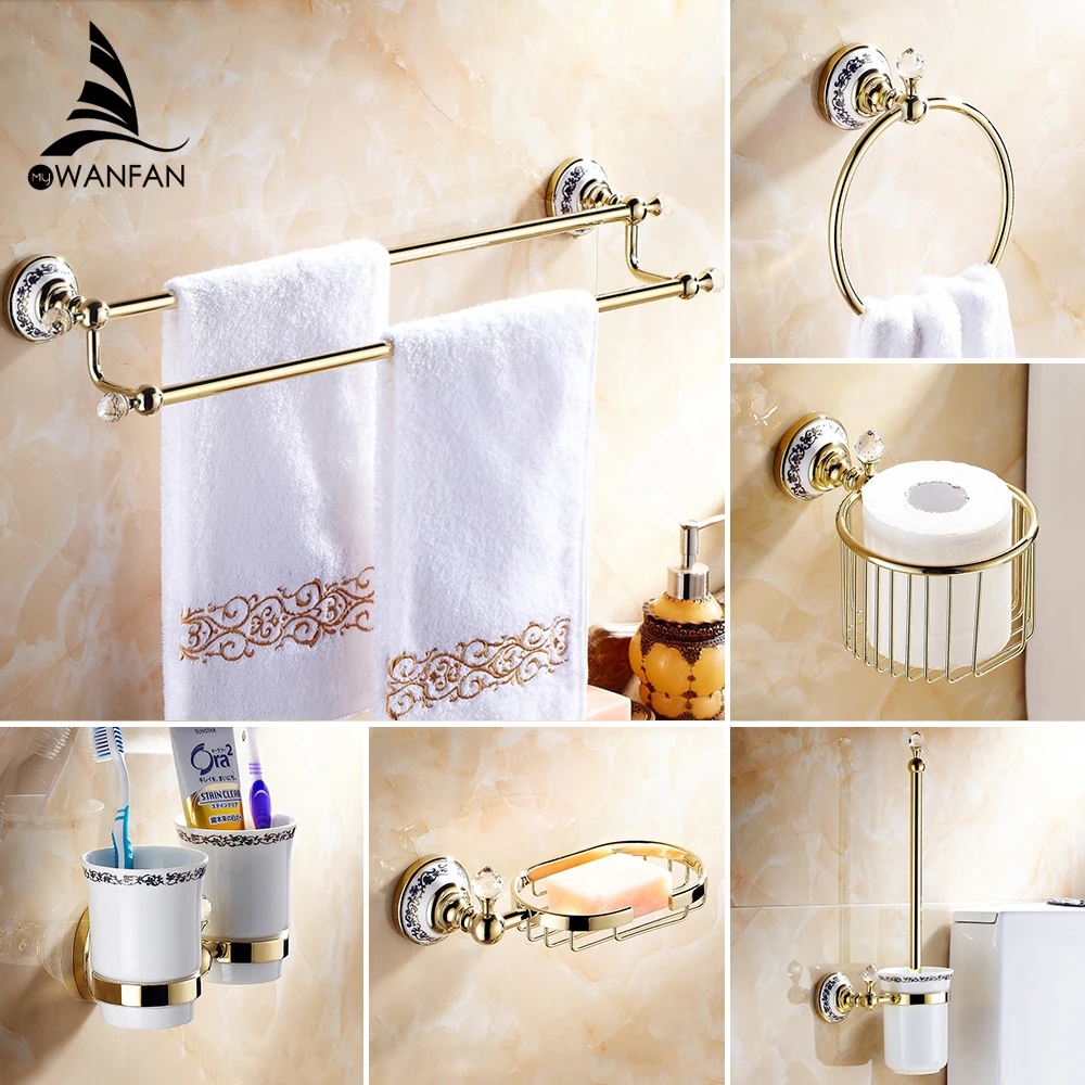 Bathroom Accessories Bath Hardware Set Golden Color Toilet Paper Holder Towel Rack Tissue Cup Robe Hook 6300K | Обустройство дома