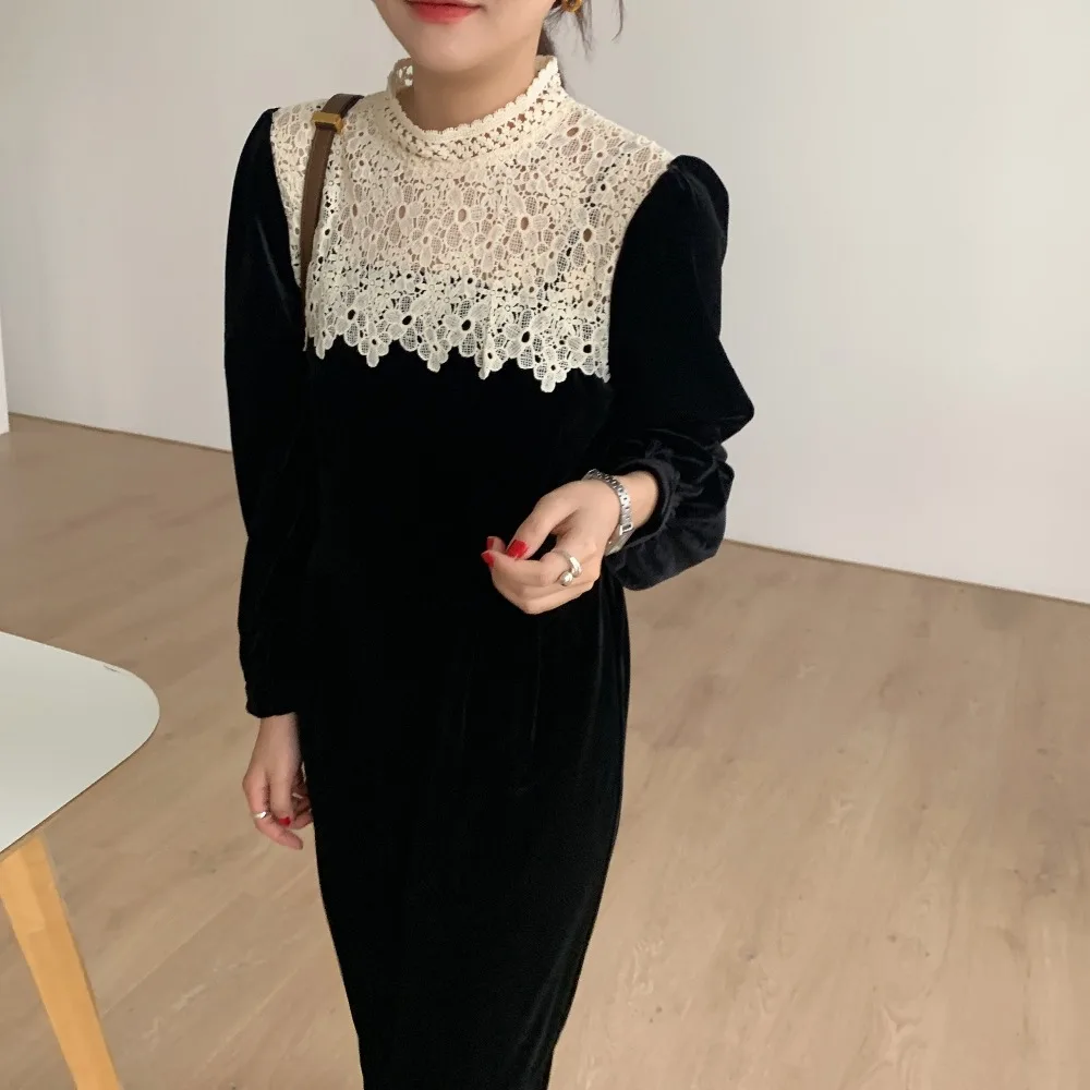 H0102c2b820c745a1911b7a95fe666c1cl - Autumn / Winter Korean O-Neck Long Sleeves Lace Patchwork Midi Dress