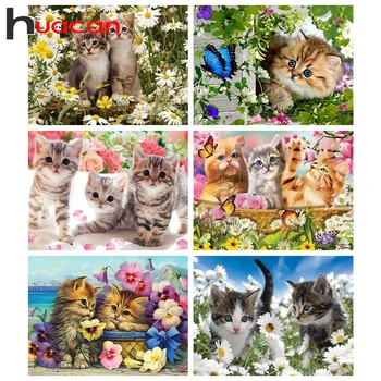 

Huacan DIY Diamond Painting Art Cat Flower Full Drill Square Diamond Embroidery Mosaic Animal Wall Art Home Decor