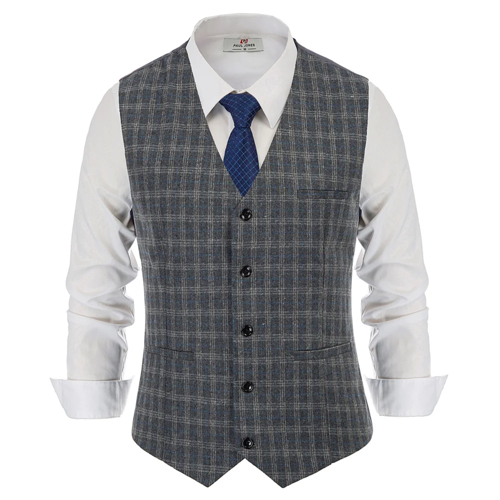  Handkerchief Waistcoat Plaid Vest Coat men office business work party evening fit slim short V-Neck