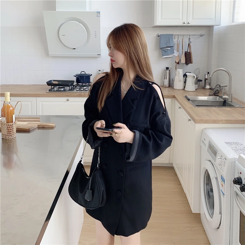 Fall 2020 fashion strapless bag buckle solid color loose long-sleeved blazer mid-length female