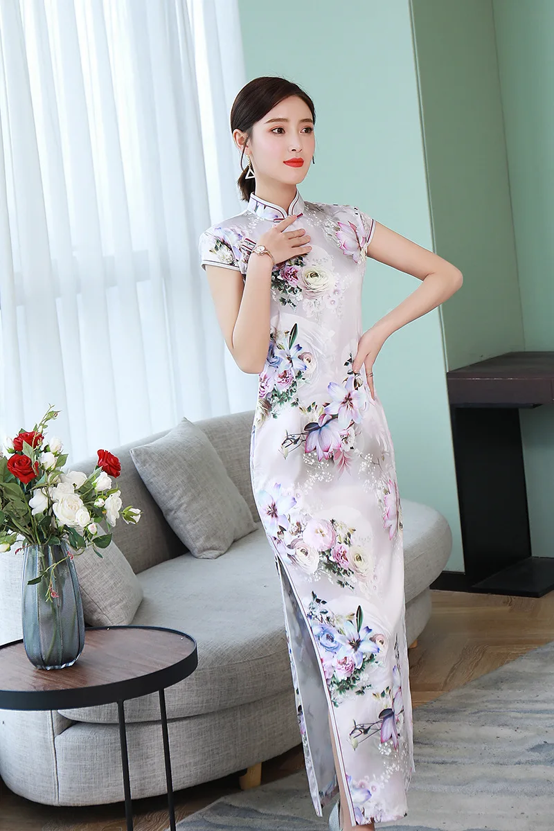 Cheongsam Элегантное Длинное Платье с секциями, весна, платье Ципао на каждый день размера плюс XL, модное тонкое платье для девочек в китайском стиле